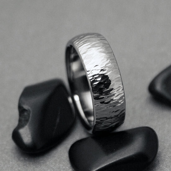 Hammered Finish Titanium Ring, Personalized Unisex Wedding band with Custom Widths and Engraving, Polished