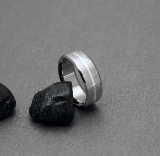 Titanium Ring - "Wood Grain" Hand Ground Finish - One Centered Sterling Silver Pinstripe