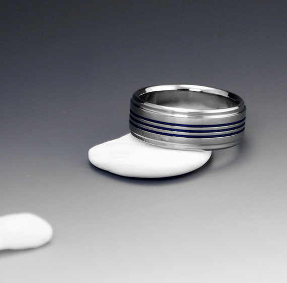 Handcrafted Thin Blue Line Titanium Ring