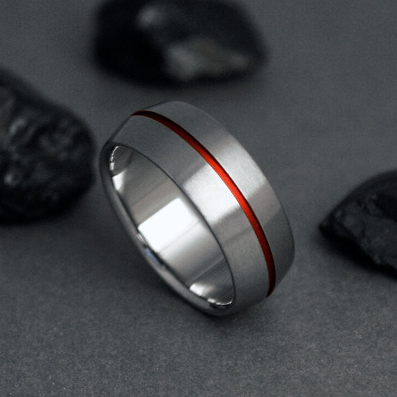 Unique Titanium Wedding Band Red Pinstripe