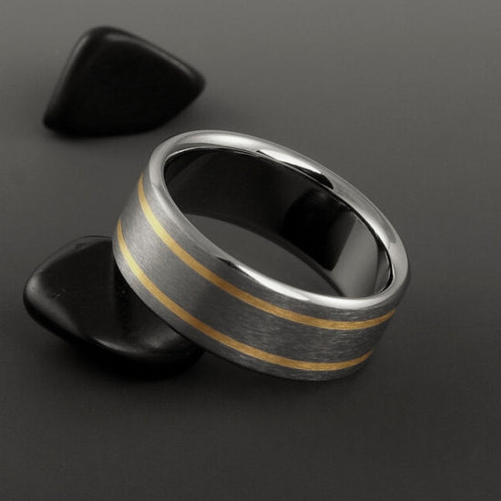 Titanium Band - Two 18k Solid Gold Pinstripes on Either Side