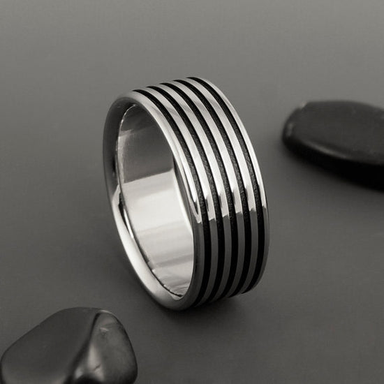 Titanium Ring - Flat Profile With Black Pinstripes