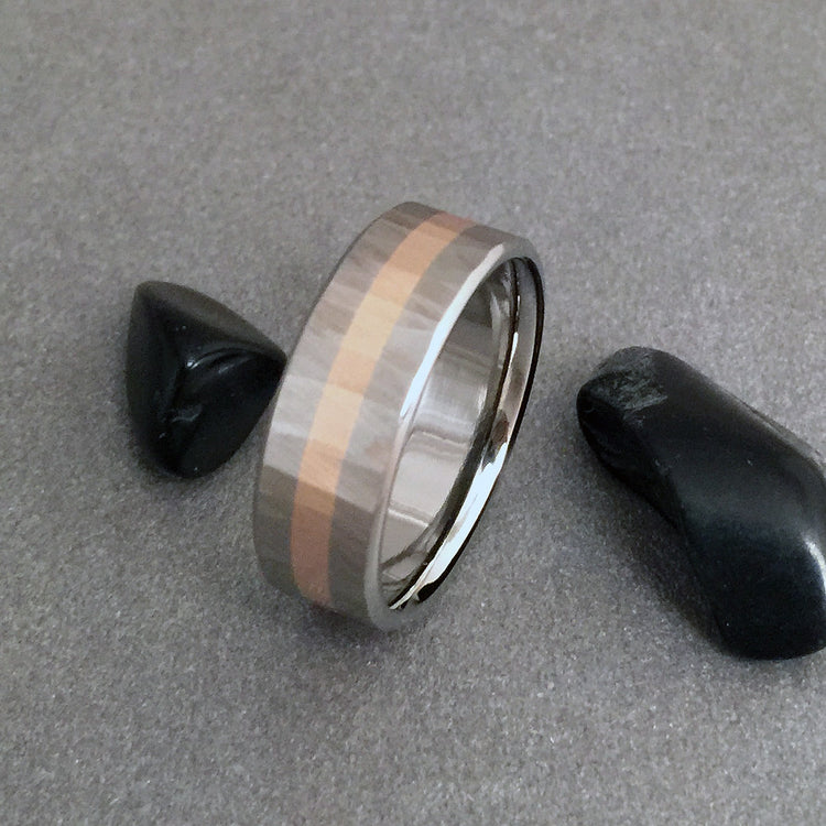 18K solid, wide rose gold & titanium band. Faceted with our original  "Sequoia" finish.