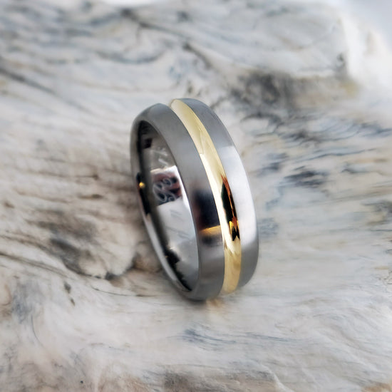 Titanium Ring in a Domed Profile and Wide 18K Solid Gold Concave Inlay - Handcrafted Men&