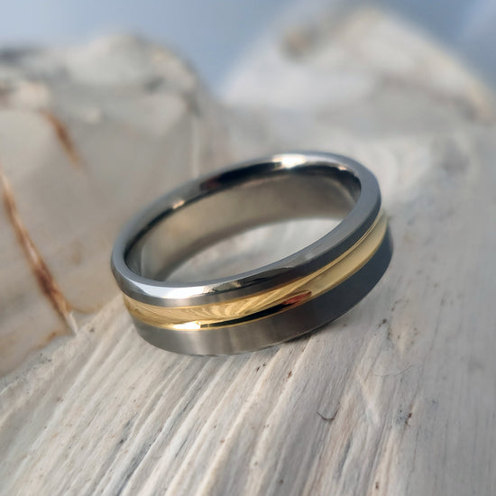 Titanium Ring with Off-Center 18k Solid Yellow Gold Concave Inlay - Unique Handcrafted Jewelry