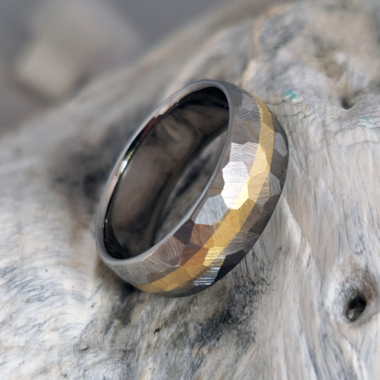 Titanium and 18k Solid Gold Wedding Ring with "Mosaic" Faceted Textured Surface, Custom Widths