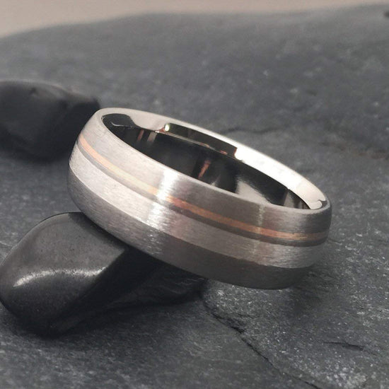 Titanium Ring with Sterling Silver and 18k Rose Gold Inlays, Rounded Profile and Layered Metals