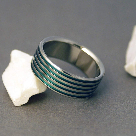 Titanium Wedding Band with Emerald Green Pinstripes and a Flat Profile