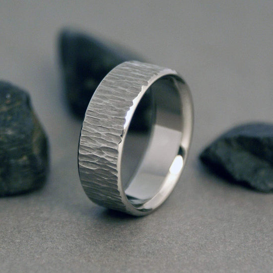 Tree Bark Titanium Ring with our signature "White Ash Tree" Texture, Rugged Handmade To Order