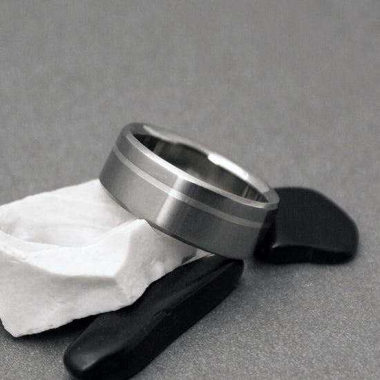Titanium Ring - One Off Center Sterling Silver Pinstripe