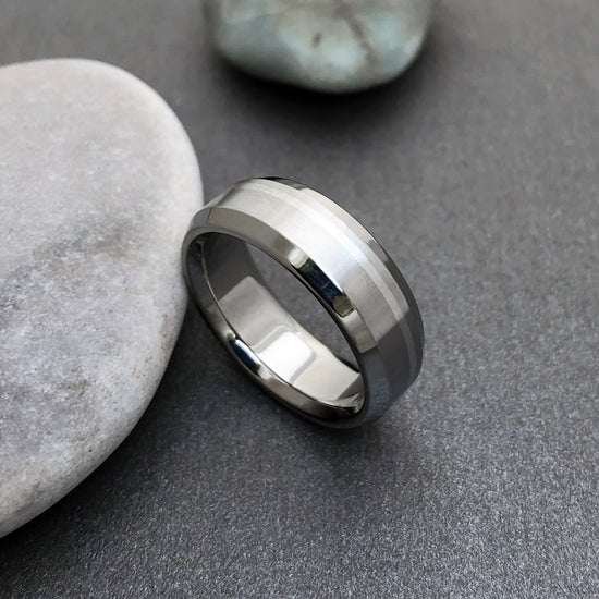 Titanium Ring with a Solid Platinum Inlay and Beveled Edges