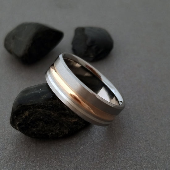 Titanium Wedding Ring with a Solid Concave Rose Gold Inlay and Sterling Silver Inlay