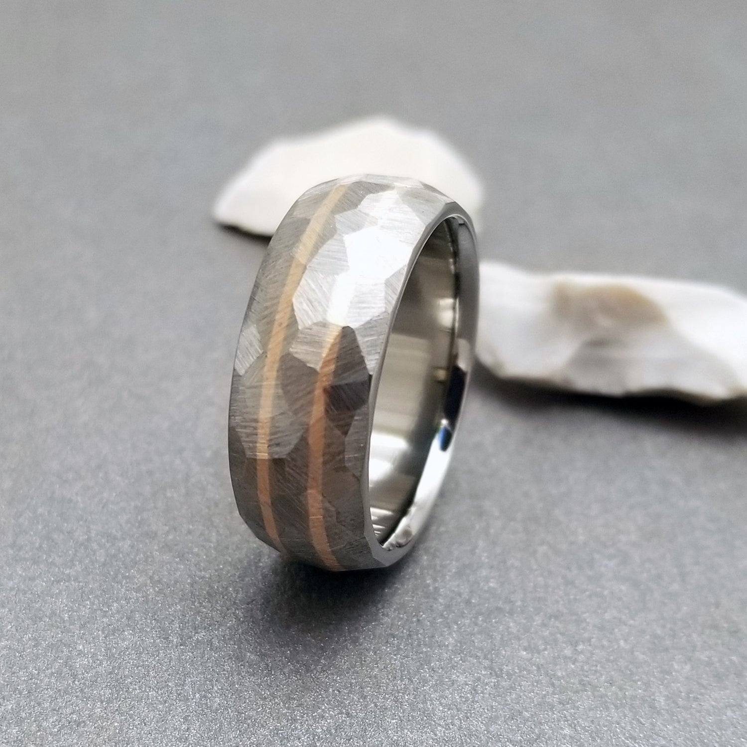 18K solid rose gold & titanium band, with our exclusive "Mosaic" finish. Handcrafted by Classic Titanium.