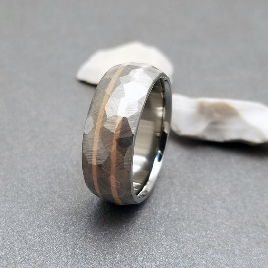 18K solid rose gold & titanium band, with our exclusive "Mosaic" finish. Handcrafted by Classic Titanium.