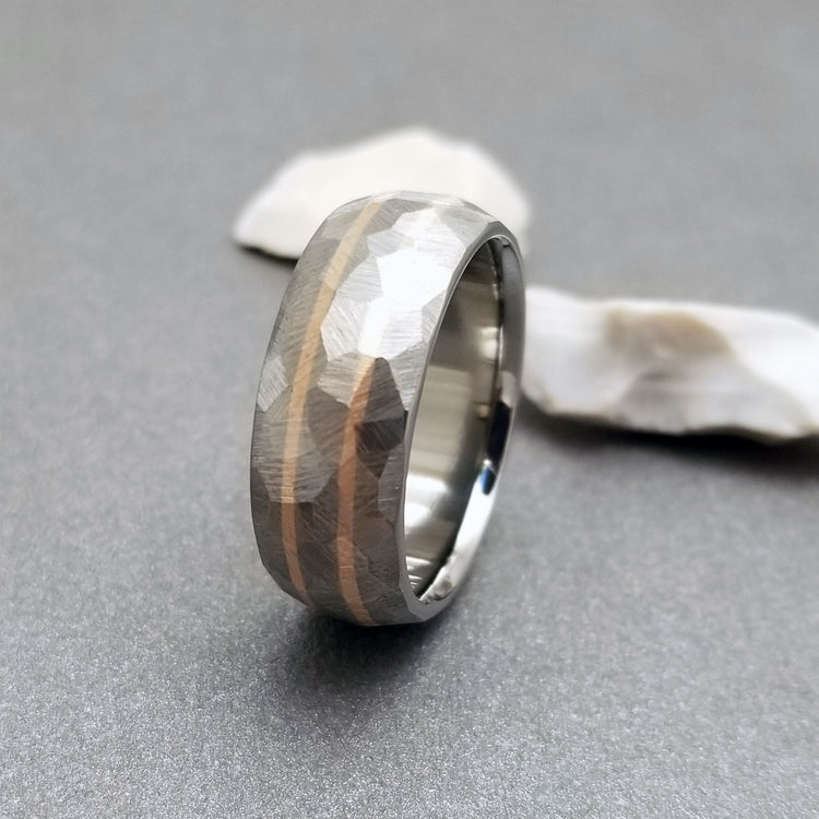 18K solid rose gold & titanium band, with our exclusive "Mosaic" finish. Handcrafted by Classic Titanium.