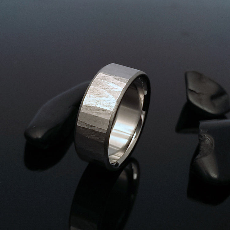 Hand carved titanium band with our original "Sequoia" Finish