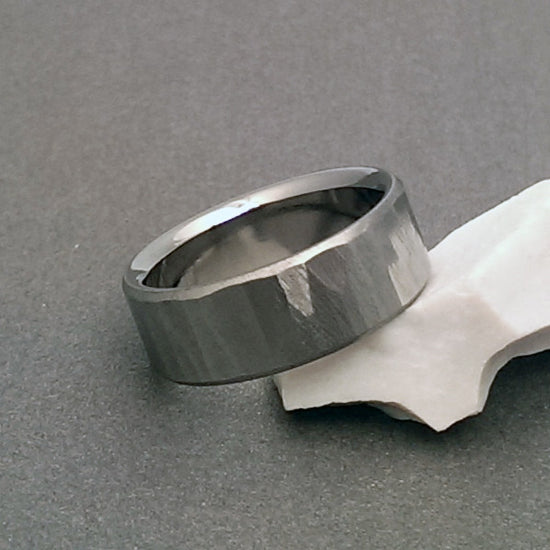 Beautiful hand ground "Wood Grain Sequoia" finished titanium ring in a flat profile with beveled edges.