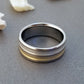 Handcrafted titanium ring with two concave Inlays of solid 18k gold and sterling silver