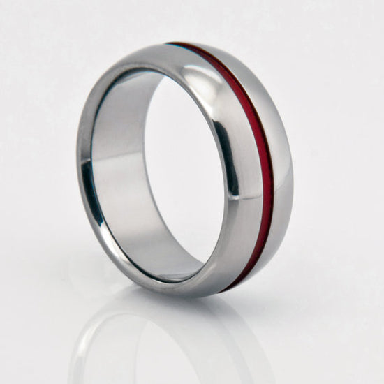 Handmade Titanium Wedding Band With Red Pinstripe