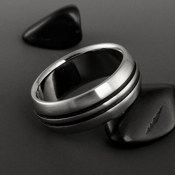 Titanium Engagement Ring- Black Pinstripe Titanium Ring