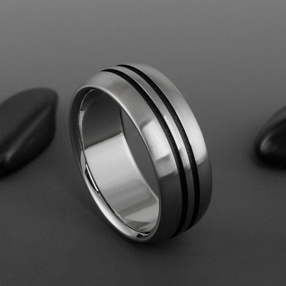 Titanium Band - Domed Profile - Two Black Centered Pinstripes