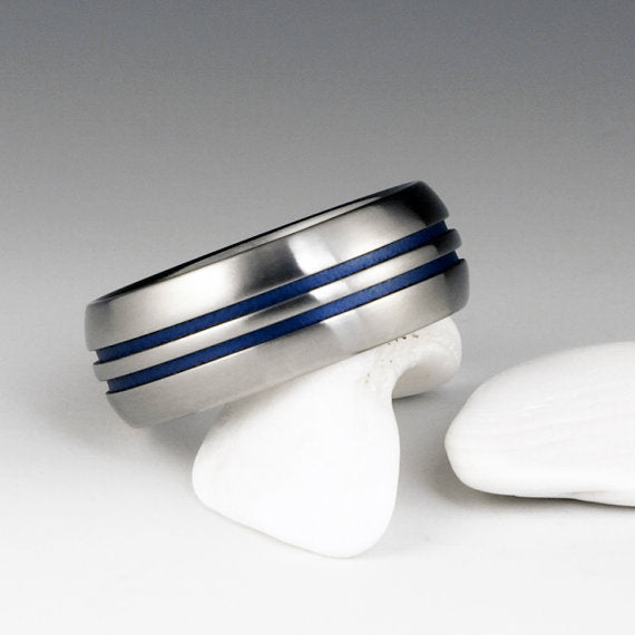 Titanium Band - Domed Profile - Two Centered Blue Pinstripes