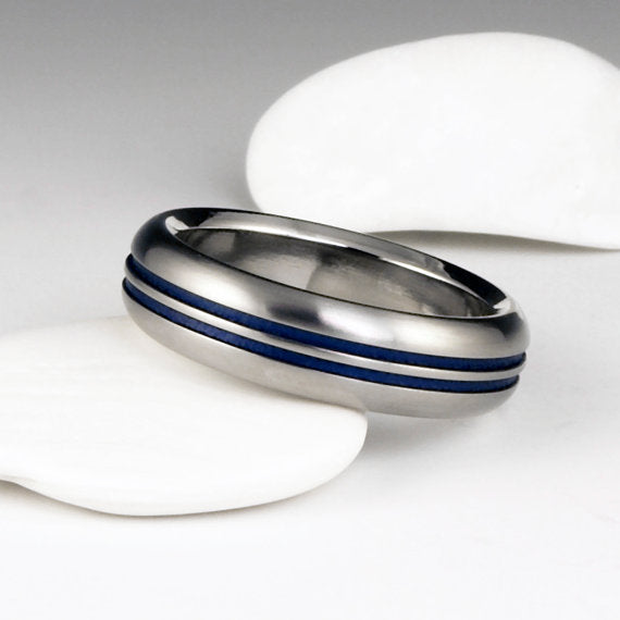 Handcrafted Unisex Wedding Ring- Titanium Wedding Ring with Blue Stripes