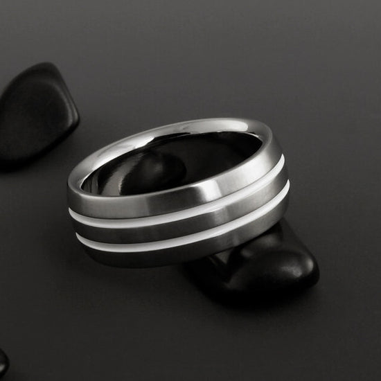 Titanium Band - Flat Top - Beveled Edges - Two Centered White Pinstripes