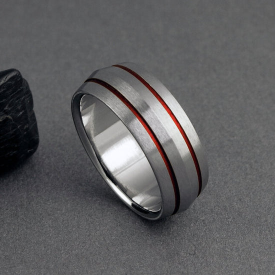 Titanium Band - Peaked Profile - Two Red Pinstripes on Either Side