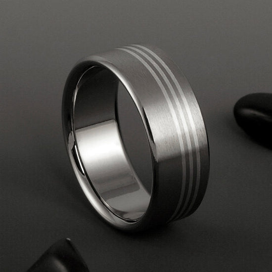 Titanium Band - Three Off Center Sterling Silver Pinstripes