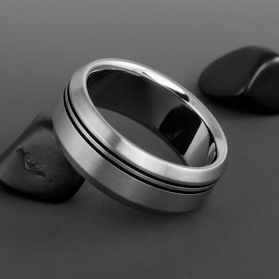 Titanium Band - Two Off Center Black Pinstripes - Beveled Edges