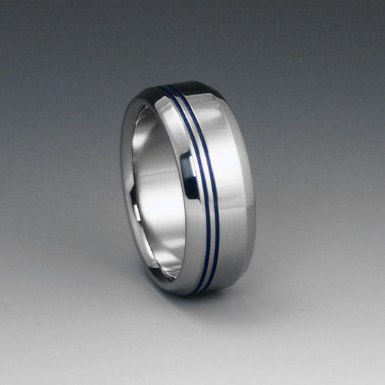 Titanium Band - Two Off Center Blue Pinstripes - Beveled Edges