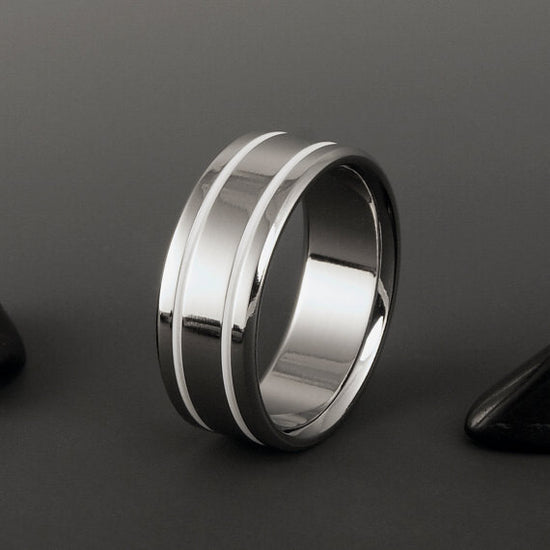 Titanium Band - Two White Pinstripes on Either Side