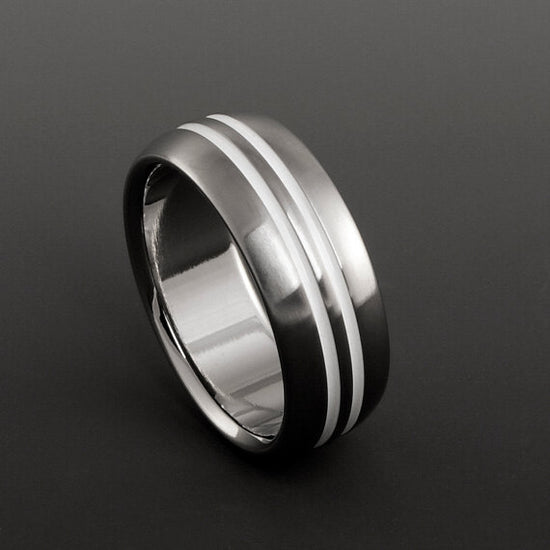 Titanium Ring - Domed Profile - Double White Centered Pinstripes