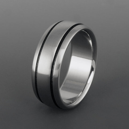 Titanium Ring - Domed Profile - Two Black Pinstripes on Either Side