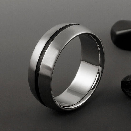 Titanium Ring - Domed Profile - Wide Centered Black Pinstripe