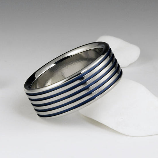 Titanium Ring - Flat Profile - Blue Pinstripes