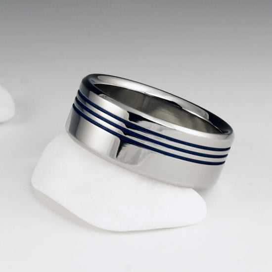 Titanium Ring - Flat Profile - Three Off Center Blue Pinstripes
