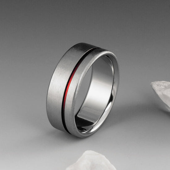 Titanium Ring - Offset Red Pinstripe