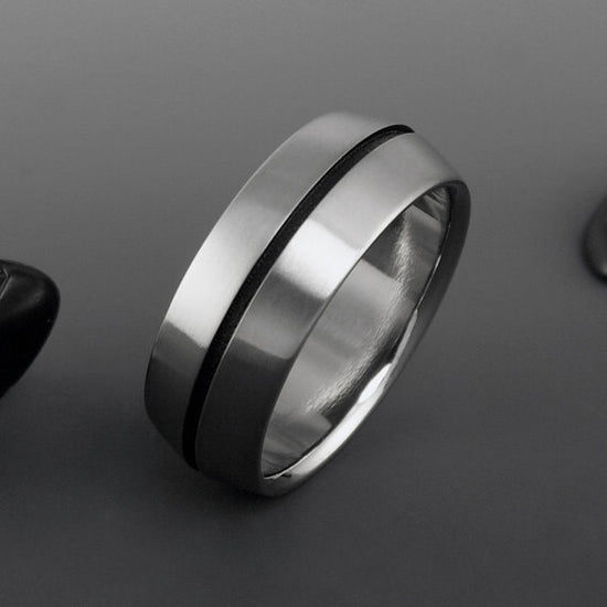 Titanium Ring - Peaked Profile - Centered Black Pinstripe