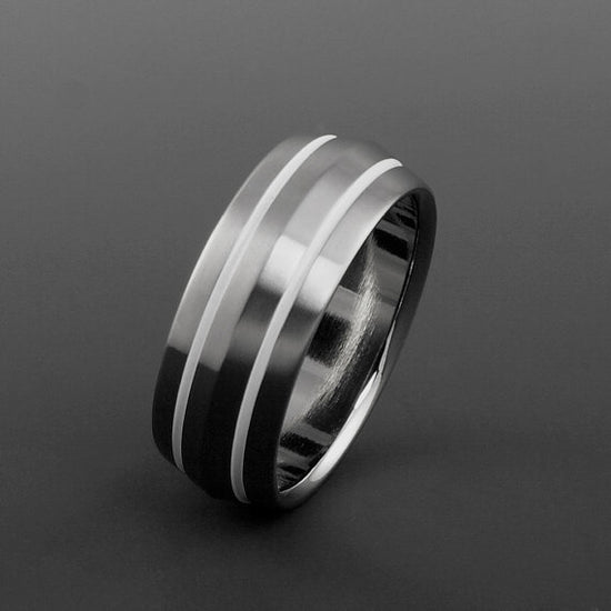 Titanium Ring - Peaked Profile - Two White Pinstripes on Either Side