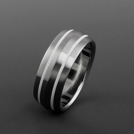 Titanium Ring with a Peaked Profile and Two White Pinstripes on Either Side