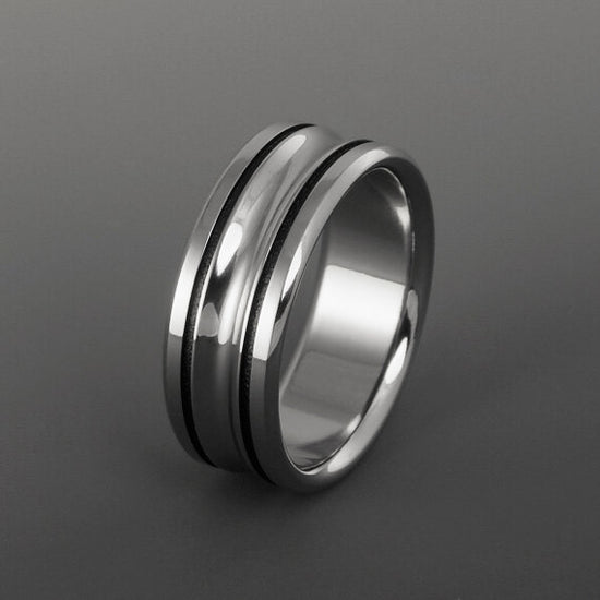 Titanium Ring - Two Black Pinstripe Inlays - Concave Center