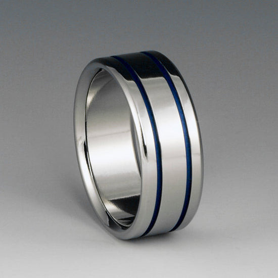 Titanium Ring - Two Blue Pinstripes on Either Side