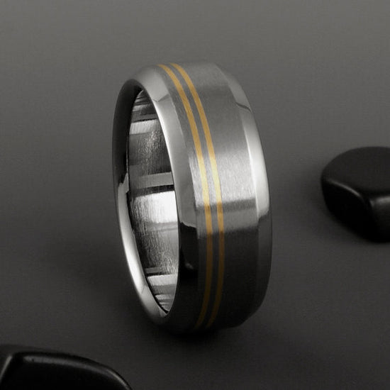 Titanium Ring - Two Off Center 18k Solid Gold Pinstripes - Beveled Edges