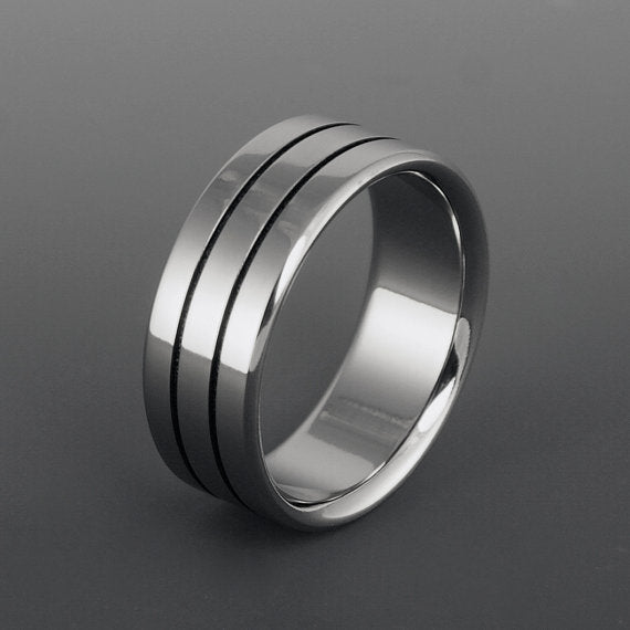 Titanium Band - Flat Profile - Two Centered Black Pinstripes