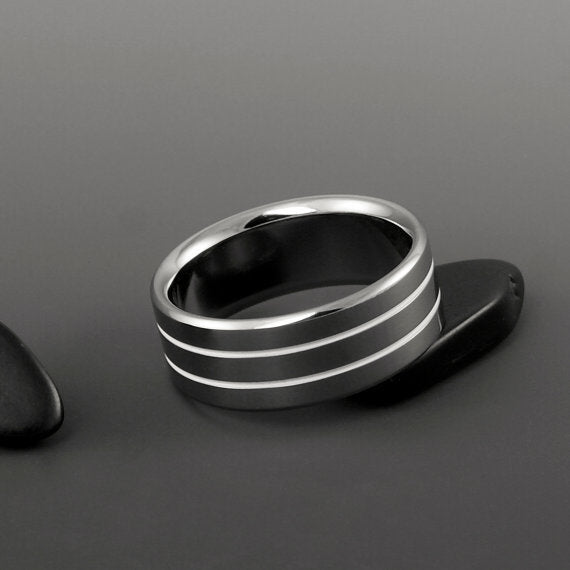 Handmade Titanium Ring with White Pinstripes