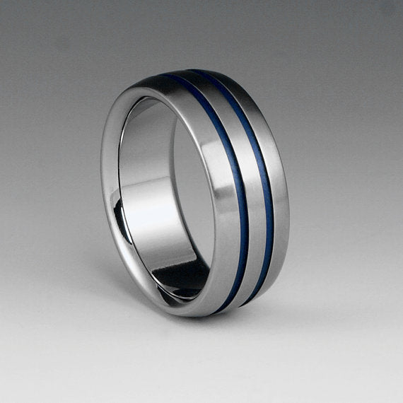 Titanium Band - Flat Top - Beveled Edges - Two Centered Blue Pinstripes