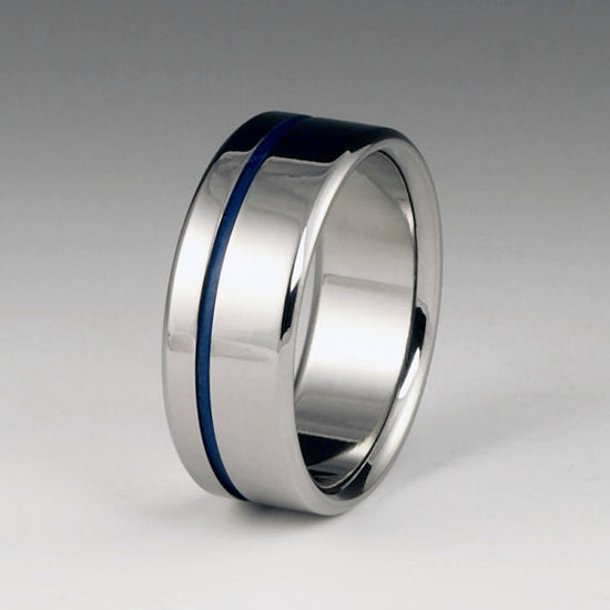 Unique Wedding Band Titanium and Blue Stripe