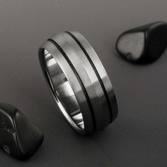 Titanium Band - Peaked Profile - Two Black Pinstripes on Either Side